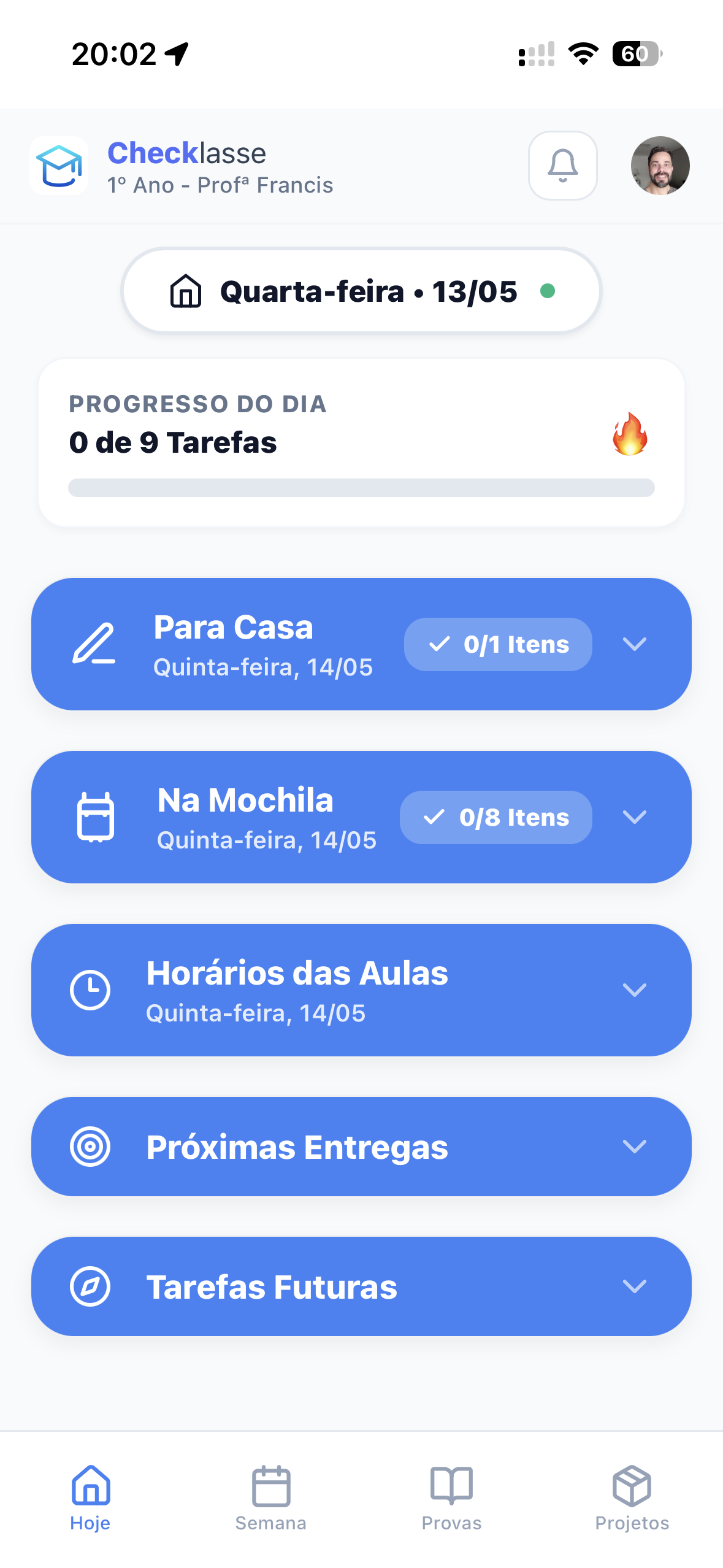 Tela inicial do Checklasse