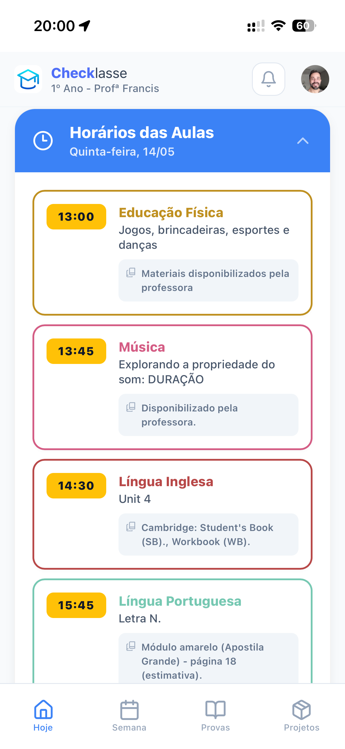 Horários das aulas